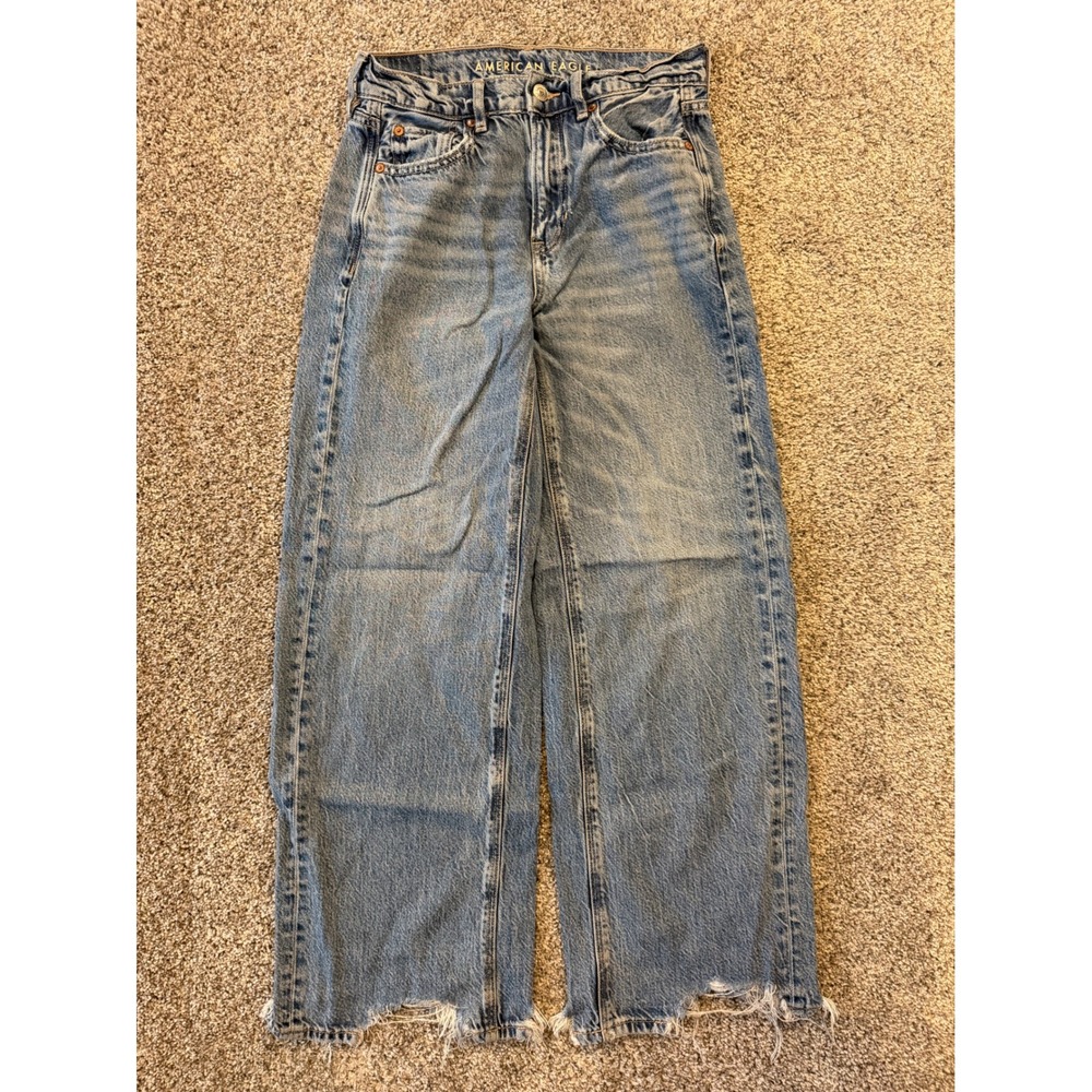 American Eagle Jeans Womens 00 Short Blue Wide Leg Real Good Raw Hem High Rise